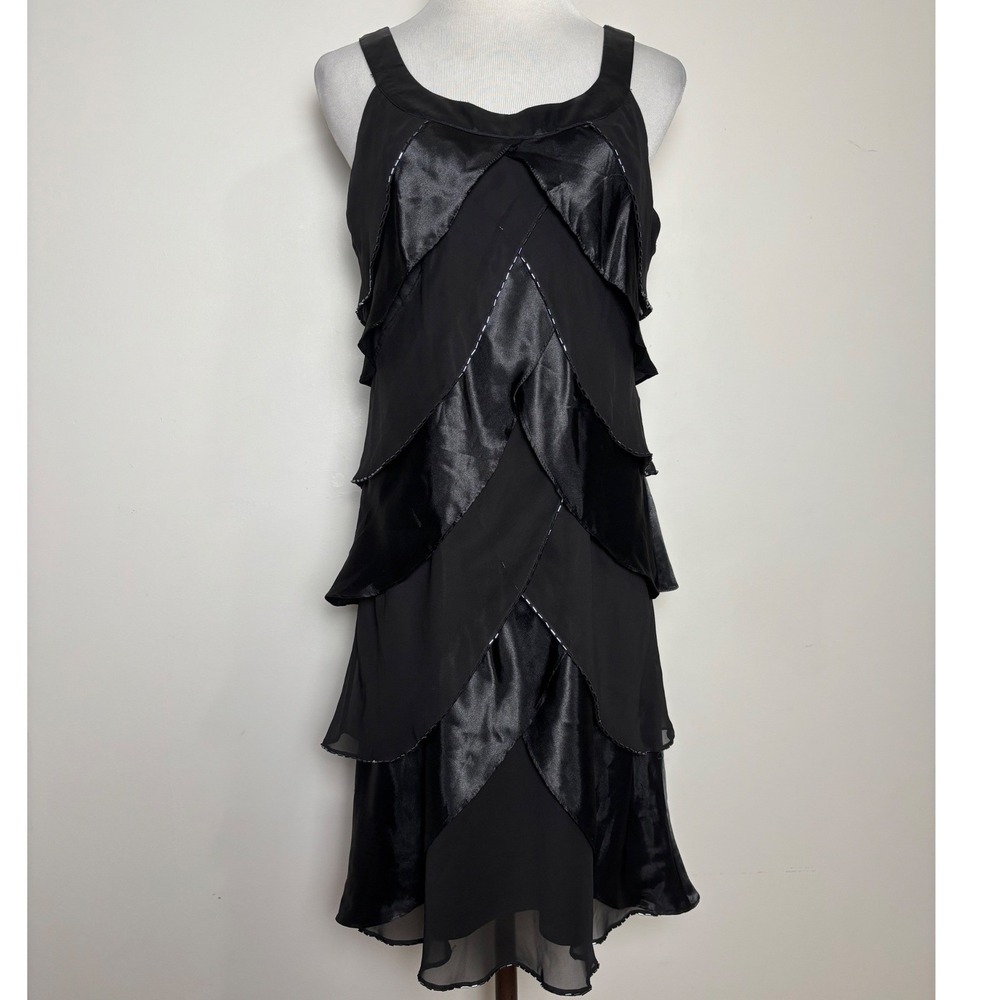 SL Fashions Black Tiered Ruffle Dress 10‎ Satin Beaded Cocktail LBD Halter
